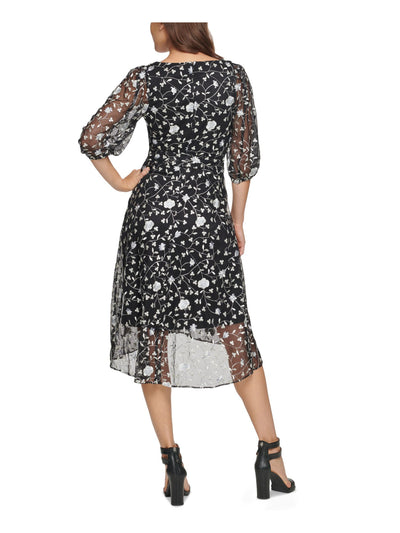 DKNY Womens Gray Floral Pouf V Neck Midi Faux Wrap Evening Dress Size: 2