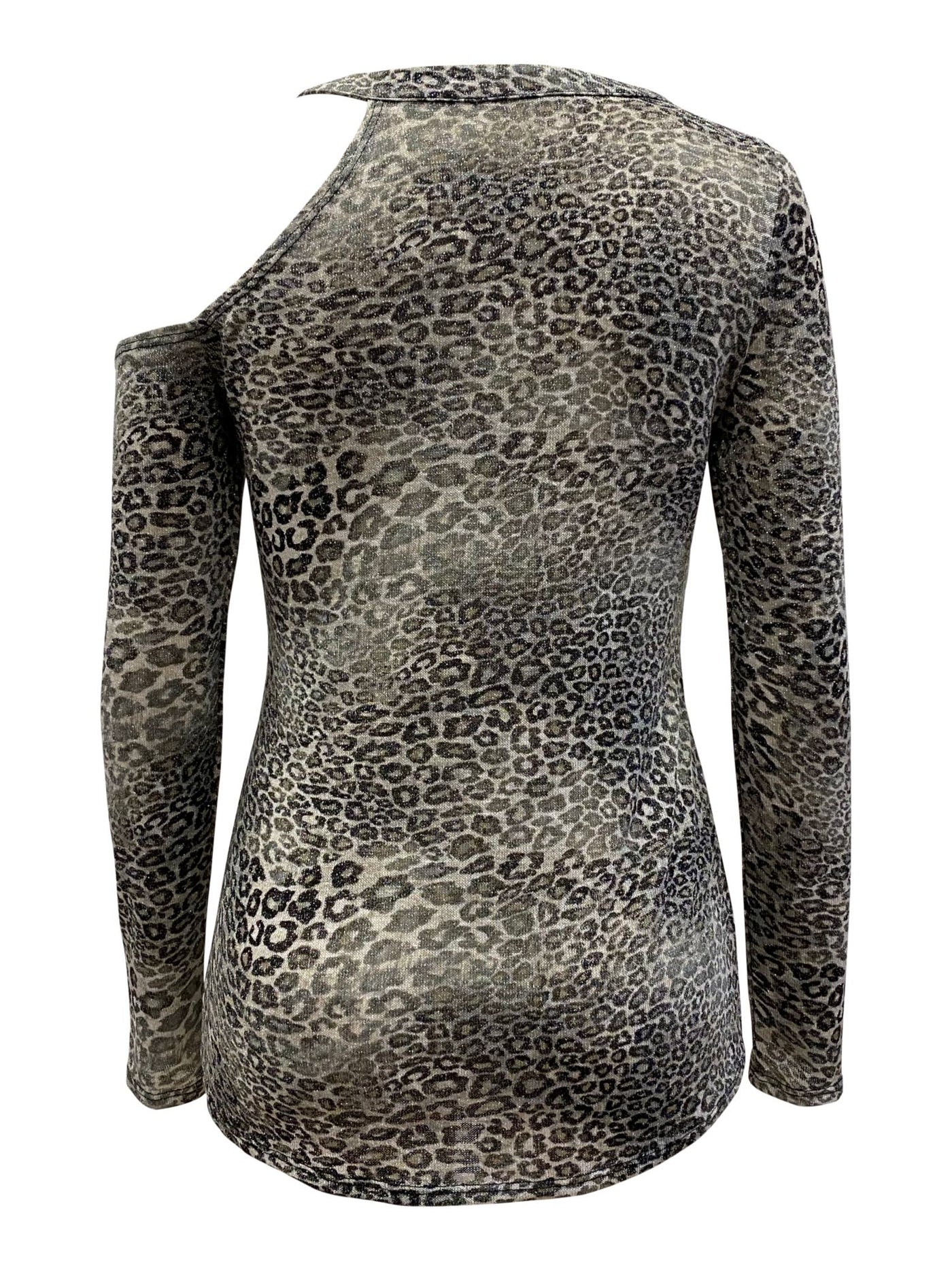 INC Womens Gray Cold Shoulder Glitter Animal Print Long Sleeve Crew Neck Top S