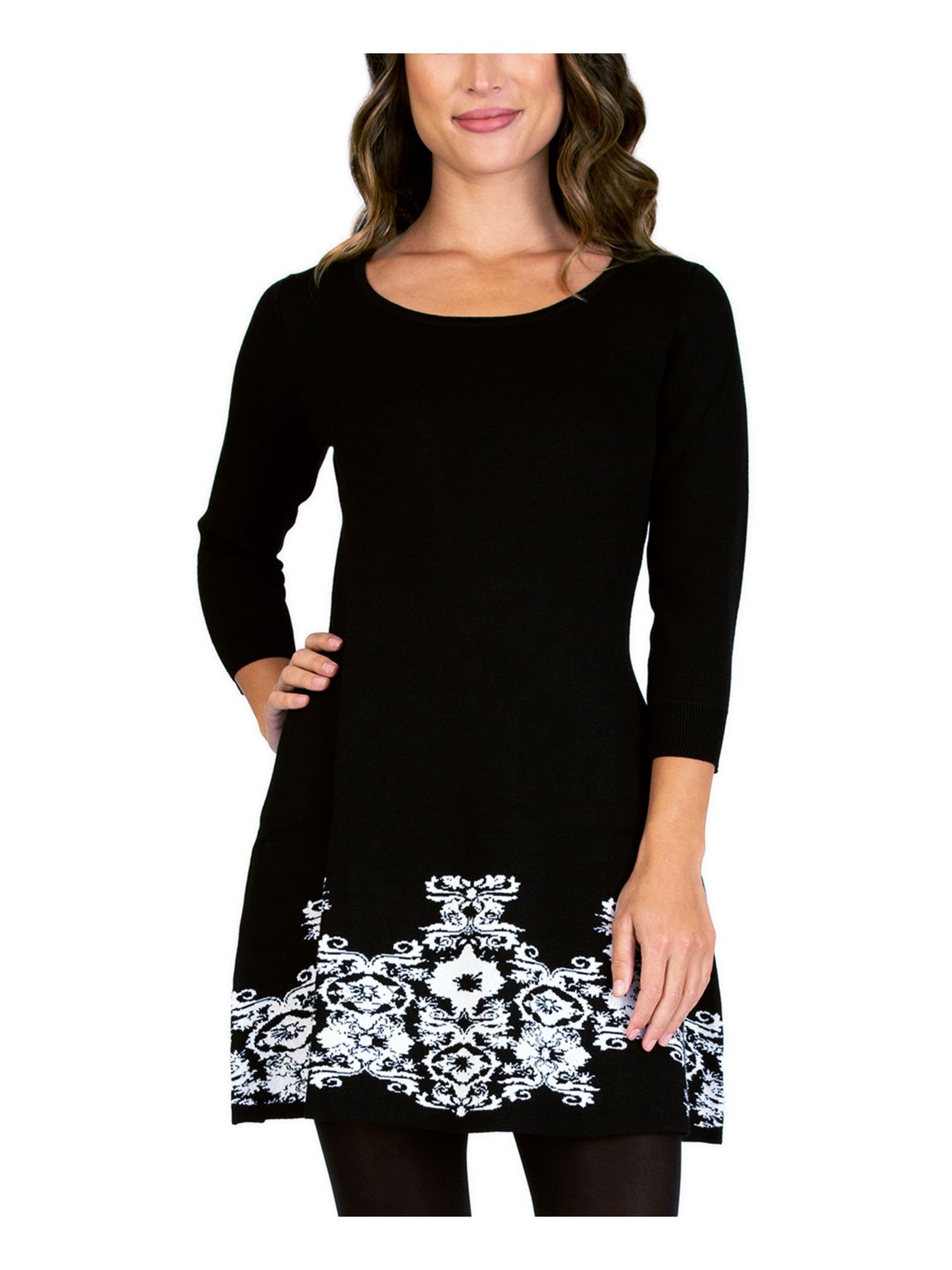 BCX Womens Black Printed 3/4 Sleeve Scoop Neck Short Wear To Work Fit + Flare Dress Juniors S
