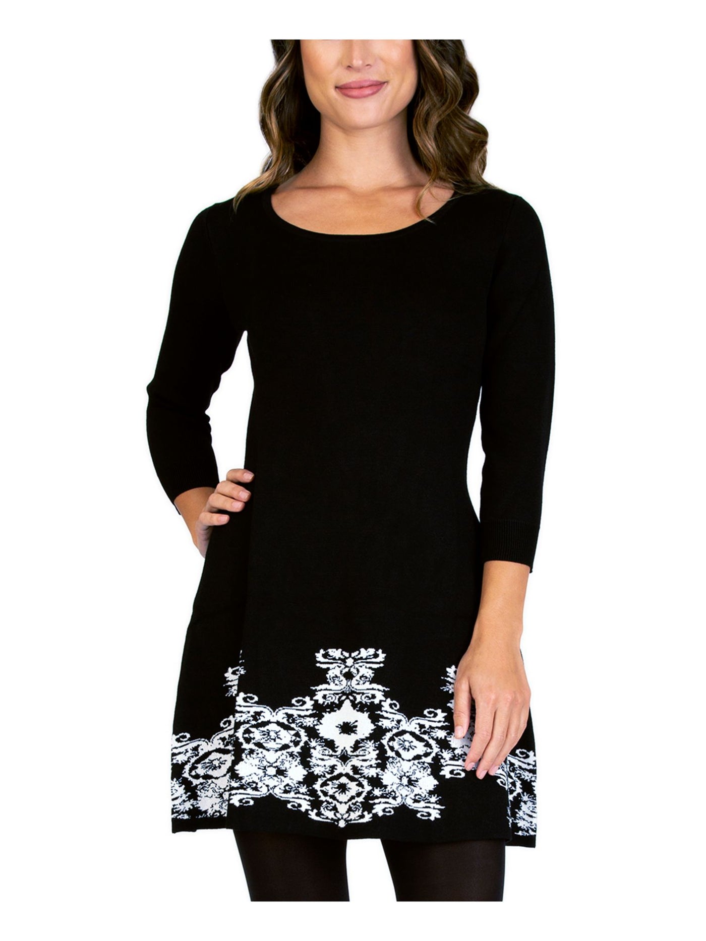 BCX Womens Black Printed 3/4 Sleeve Scoop Neck Short Wear To Work Fit + Flare Dress L