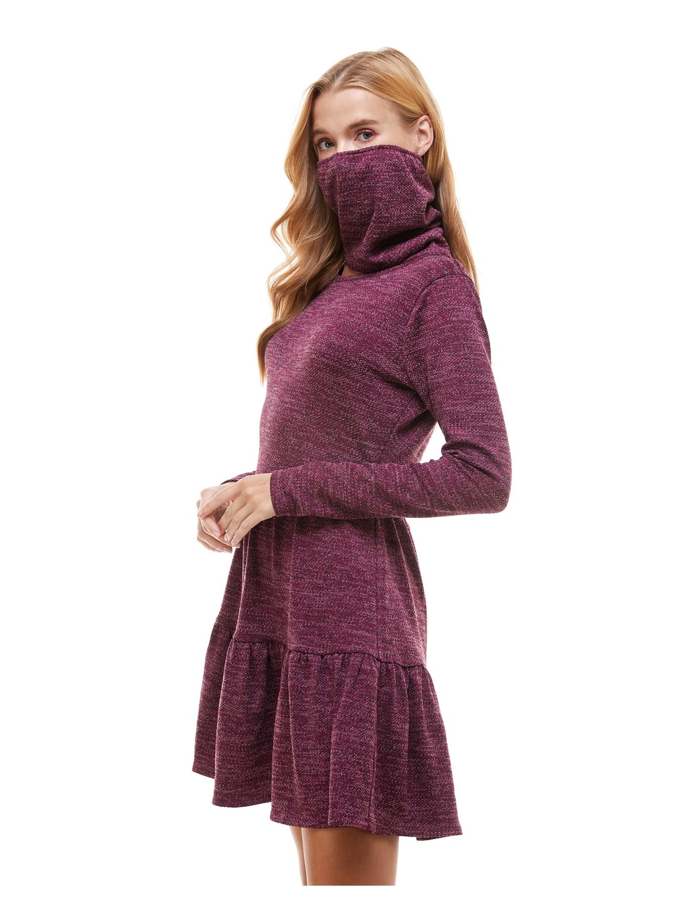 BEBOP Womens Burgundy Ruffled With Scarf Heather Long Sleeve Crew Neck Short Fit + Flare Dress XL