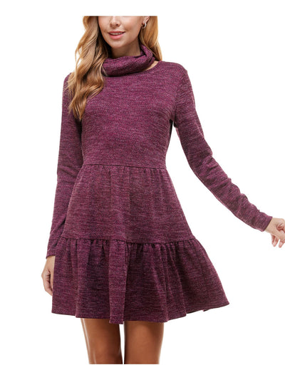 BEBOP Womens Burgundy Ruffled With Scarf Heather Long Sleeve Crew Neck Short Fit + Flare Dress Juniors XL