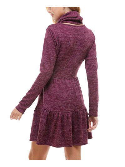 BEBOP Womens Maroon Ruffled With Scarf Heather Long Sleeve Crew Neck Short Fit + Flare Dress S