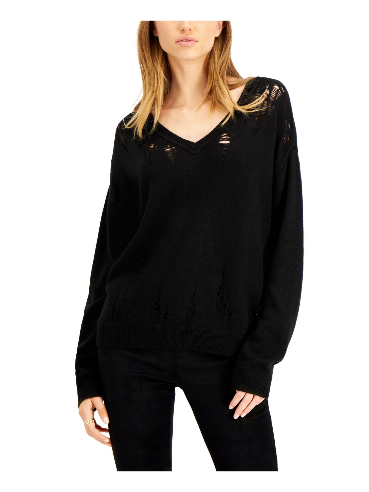 BAR III Womens Black Long Sleeve V Neck Sweater S