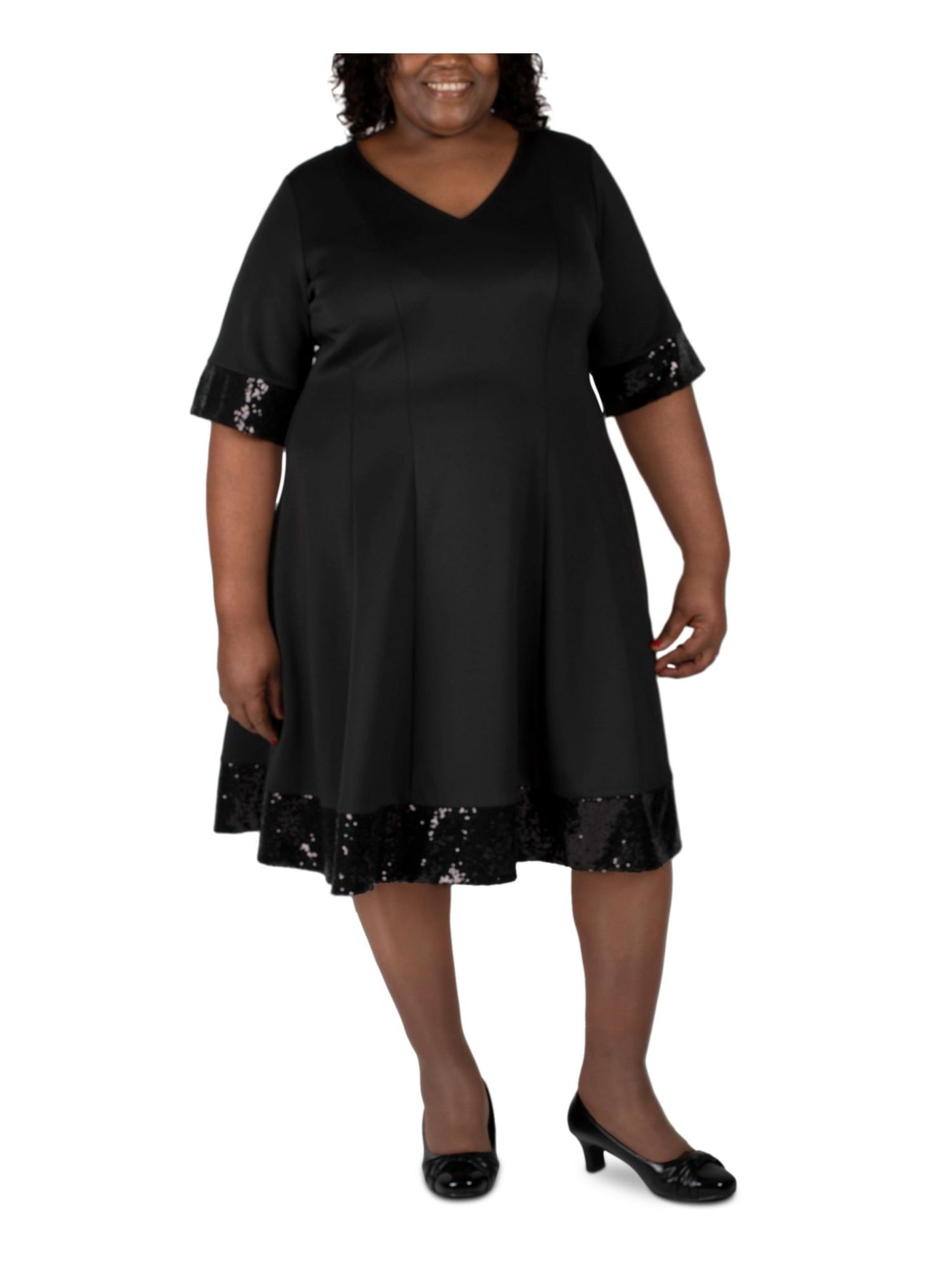 SIGNATURE BY ROBBIE BEE Womens Black Sequined Trim Short Sleeve V Neck Below The Knee Evening Fit + Flare Dress Plus 1X