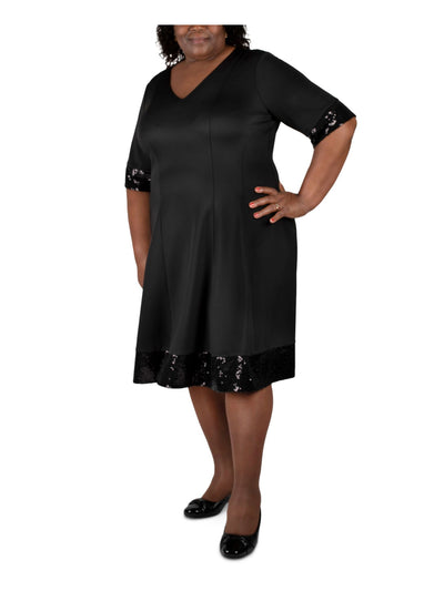 ROBBIE BEE Womens Black Sequined Trim Short Sleeve V Neck Below The Knee Evening Fit + Flare Dress Plus 1X