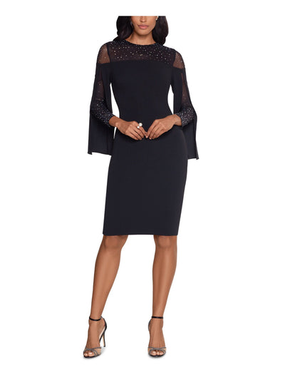 BETSY & ADAM Womens Black Rhinestone Embellished Split-sleeve Illusion Long Sleeve Jewel Neck Above The Knee Party Sheath Dress 6