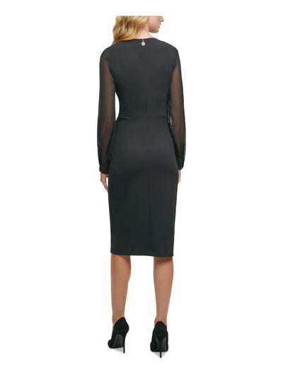 TOMMY HILFIGER Womens Black Sheer Zippered Asymmetrical Long Sleeve V Neck Knee Length Evening Sheath Dress 8