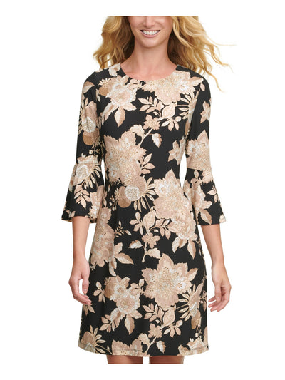 TOMMY HILFIGER Womens Black Floral Bell Sleeve Above The Knee Wear To Work A-Line Dress 8