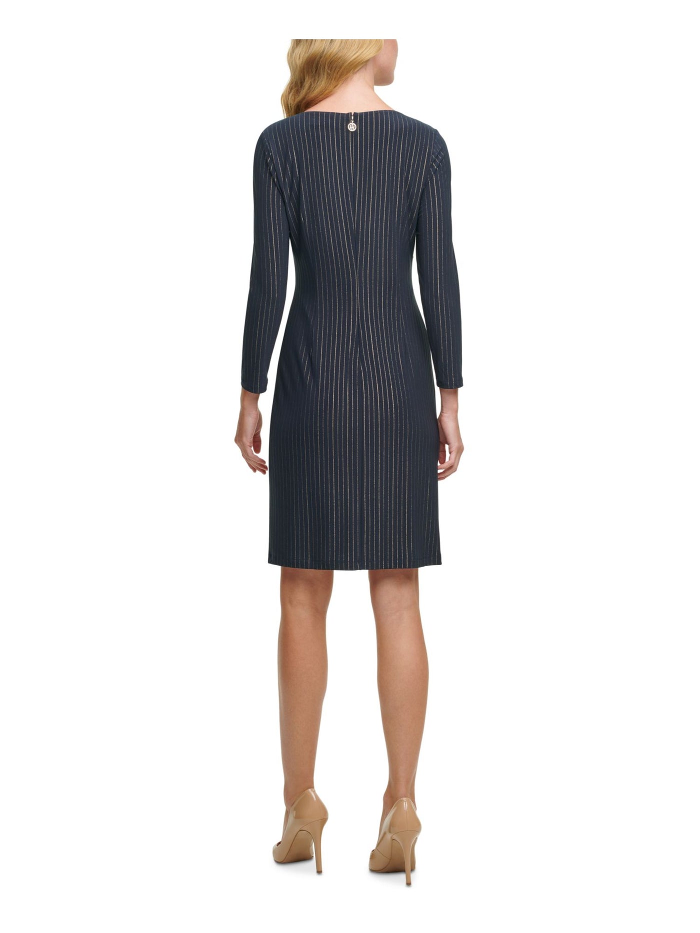 TOMMY HILFIGER Womens Navy Striped Long Sleeve Crew Neck Above The Knee Wear To Work Sheath Dress 6