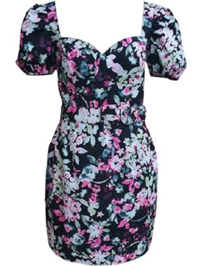 BAR III Womens Black Floral Short Sleeve Sweetheart Neckline Evening Body Con Dress 4