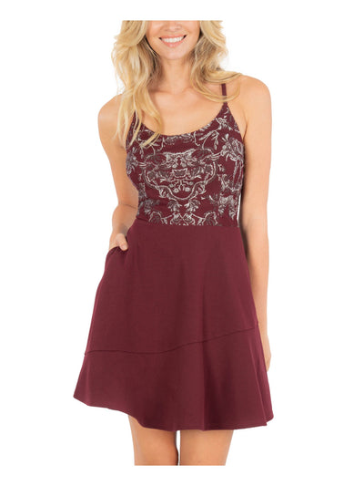 SPEECHLESS Womens Burgundy Embellished Pocketed Spaghetti Strap Scoop Neck Short Party Fit + Flare Dress 1