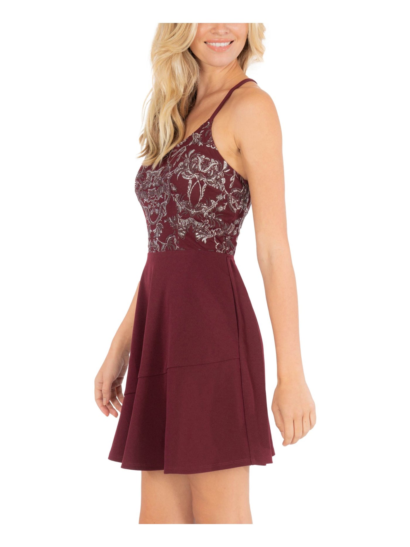 SPEECHLESS Womens Burgundy Embellished Pocketed Spaghetti Strap Scoop Neck Short Party Fit + Flare Dress 11