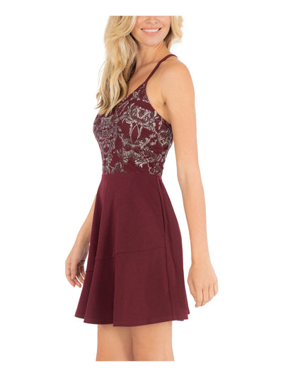 SPEECHLESS Womens Burgundy Embellished Pocketed Spaghetti Strap Scoop Neck Short Party Fit + Flare Dress 1