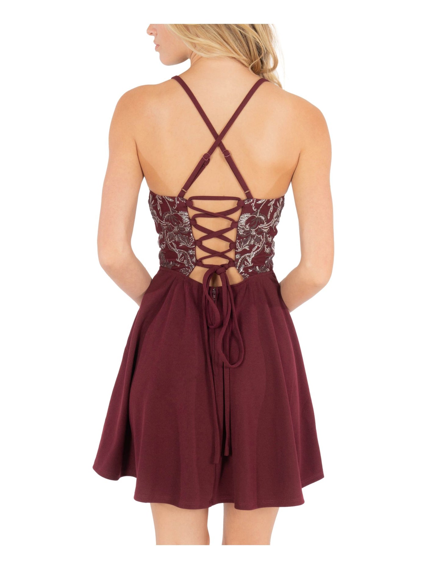 SPEECHLESS Womens Burgundy Embellished Pocketed Spaghetti Strap Scoop Neck Short Party Fit + Flare Dress 5