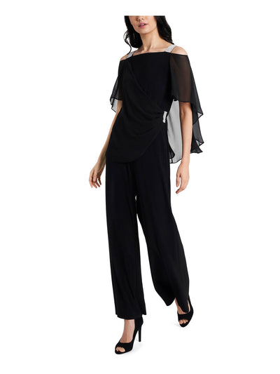 MSK Womens Black Stretch Embellished Cold Shoulder Chiffon Square Neck Evening Wide Leg Jumpsuit S