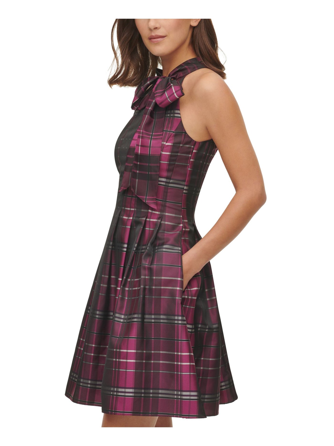 VINCE CAMUTO Womens Purple Tie Pleated Lined Plaid Sleeveless Halter Short Party Fit + Flare Dress 10