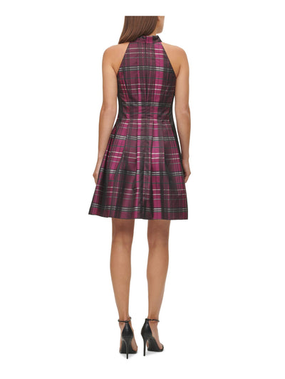 VINCE CAMUTO Womens Purple Tie Pleated Lined Plaid Sleeveless Halter Short Party Fit + Flare Dress 10