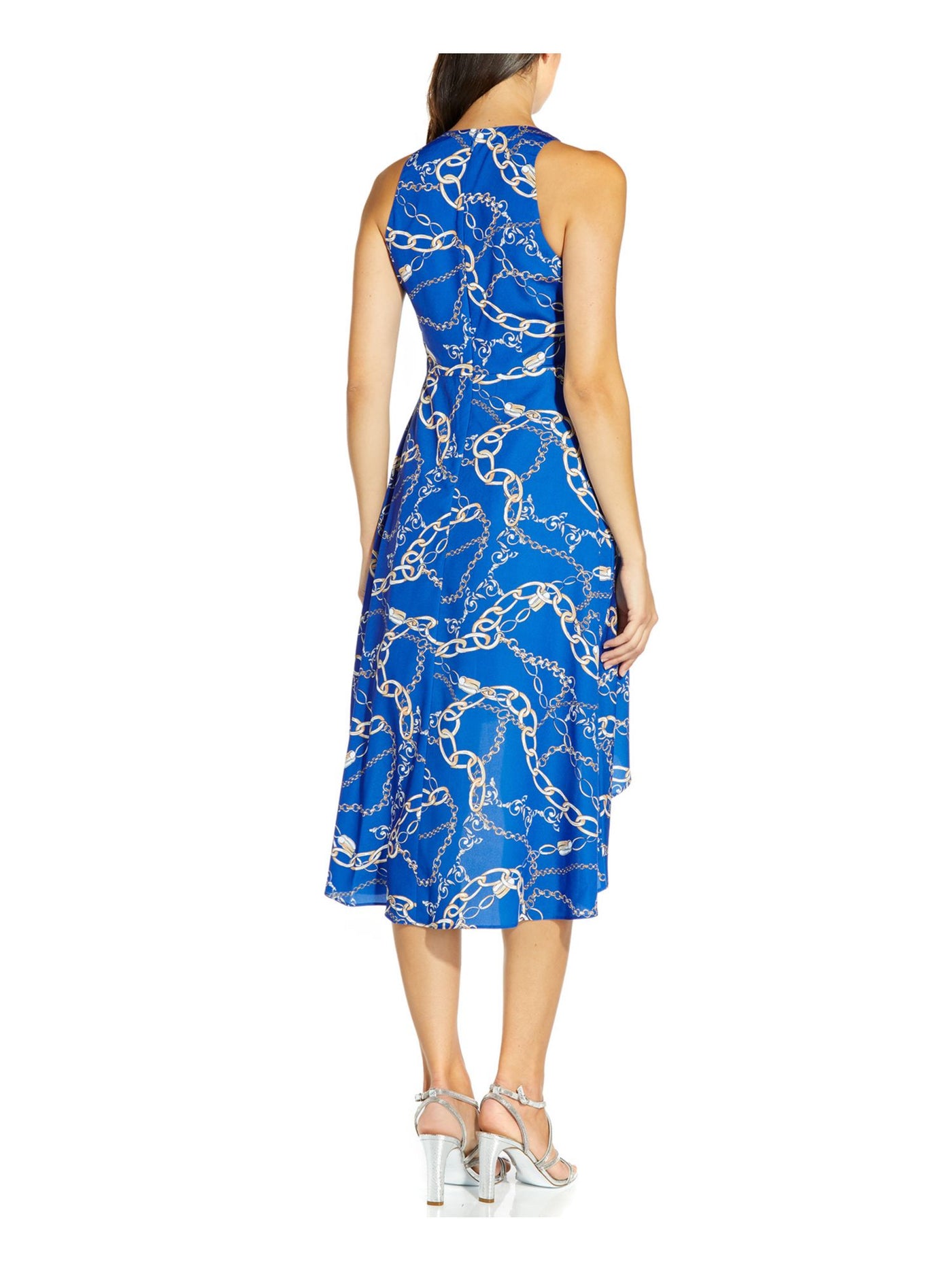 ADRIANNA PAPELL Womens Blue Zippered Hi-low Printed Sleeveless Crew Neck Below The Knee Party Fit + Flare Dress 4