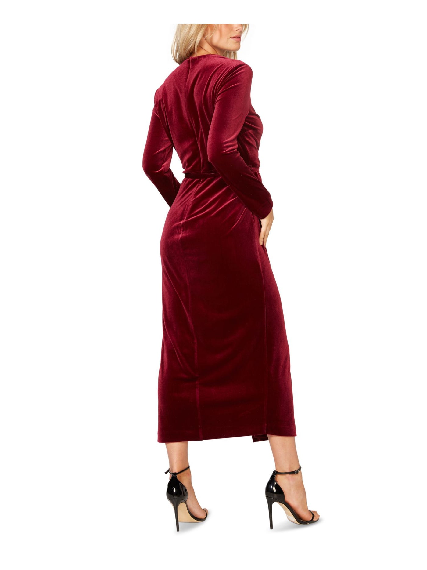 BARDOT Womens Burgundy Slitted Belted Velvet Long Sleeve Surplice Neckline Maxi Party Faux Wrap Dress M