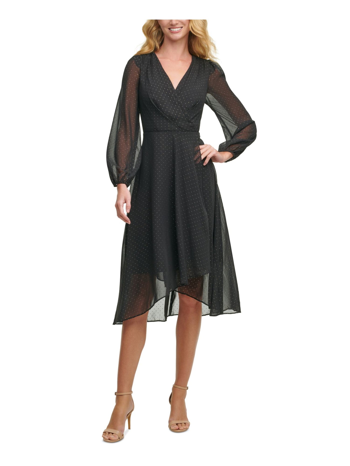 TOMMY HILFIGER Womens Black Embellished Sheer Zippered Long Sleeve Surplice Neckline Knee Length Evening Hi-Lo Dress 12