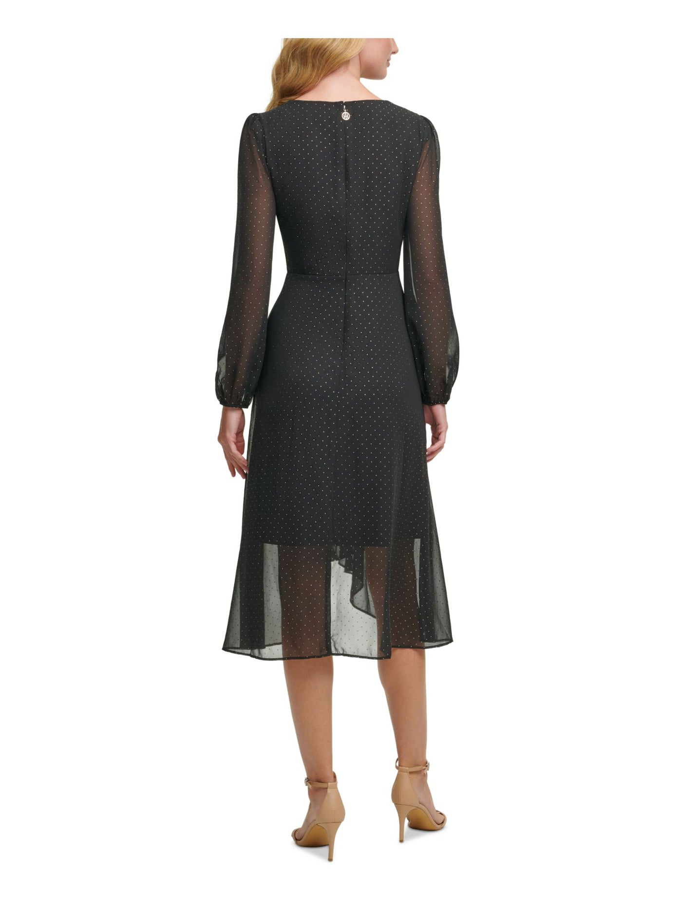 TOMMY HILFIGER Womens Black Embellished Sheer Zippered Long Sleeve Surplice Neckline Knee Length Evening Hi-Lo Dress 12
