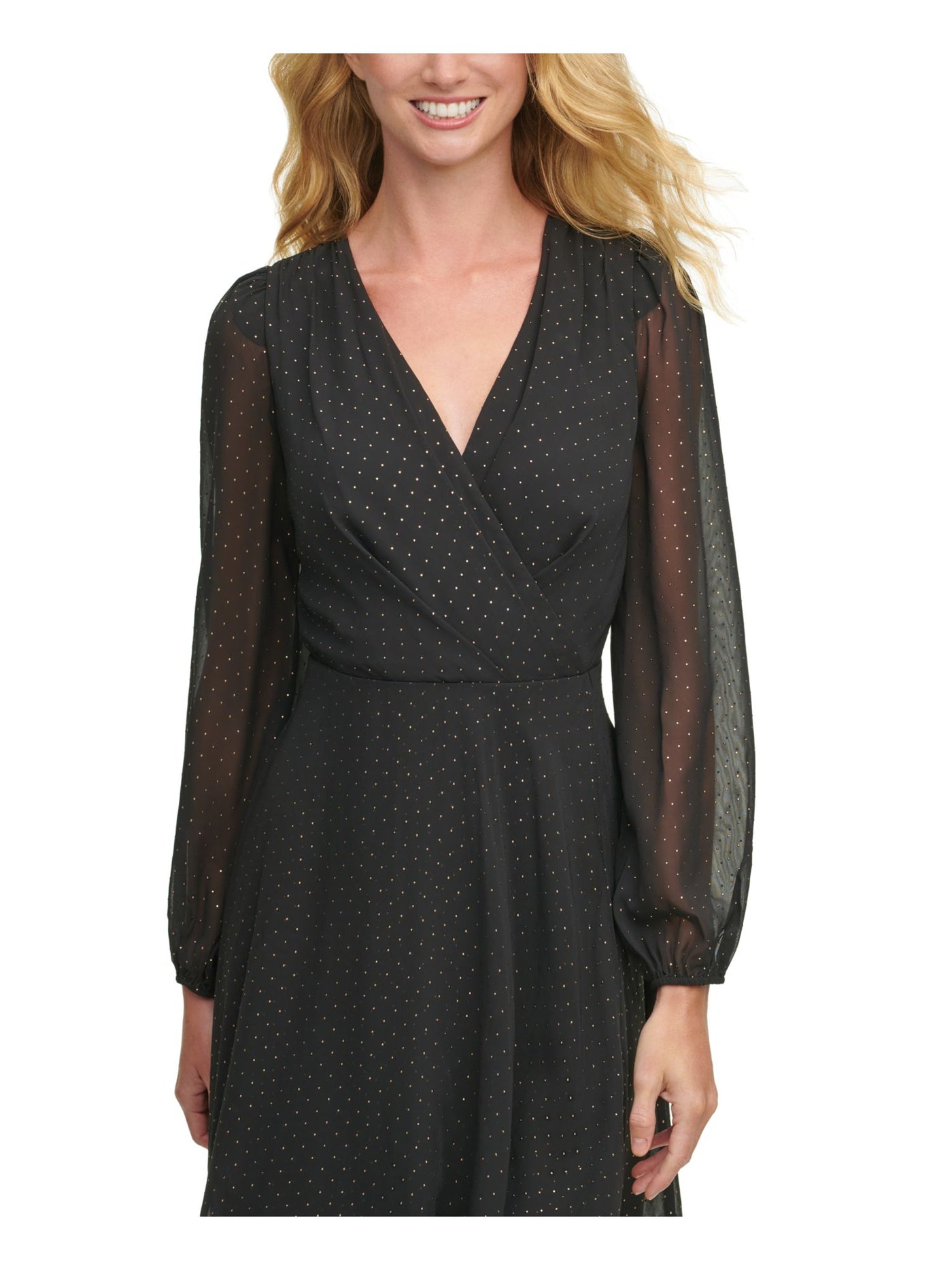 TOMMY HILFIGER Womens Black Embellished Sheer Zippered Long Sleeve Surplice Neckline Knee Length Evening Hi-Lo Dress 12