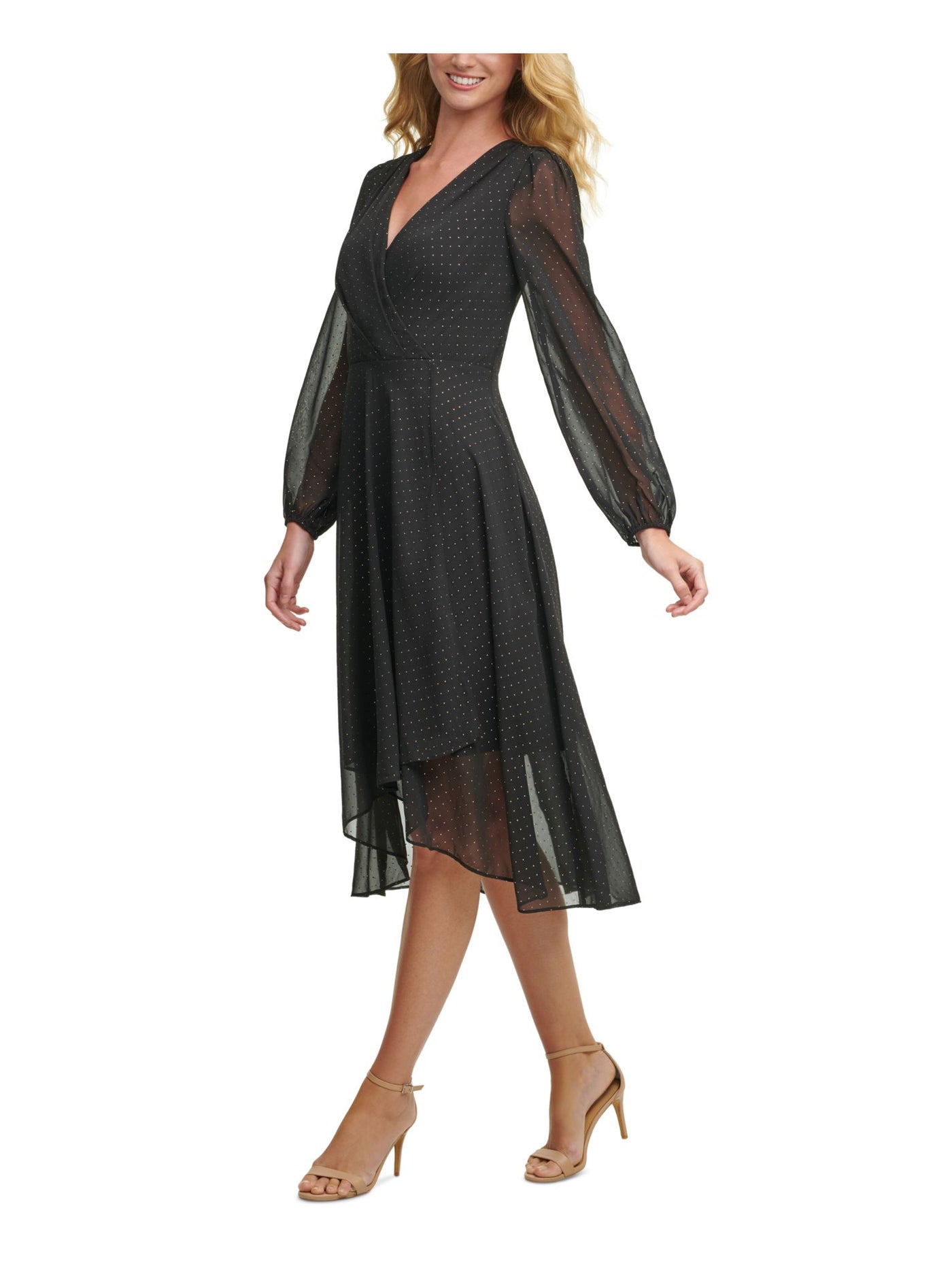 TOMMY HILFIGER Womens Embellished Sheer Zippered Long Sleeve Surplice Neckline Knee Length Evening Hi-Lo Dress