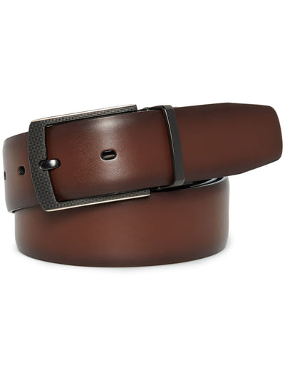 PERRY ELLIS PORTFOLIO Mens Brown Gunmetal Squares Leather Work Belt 32 Waist