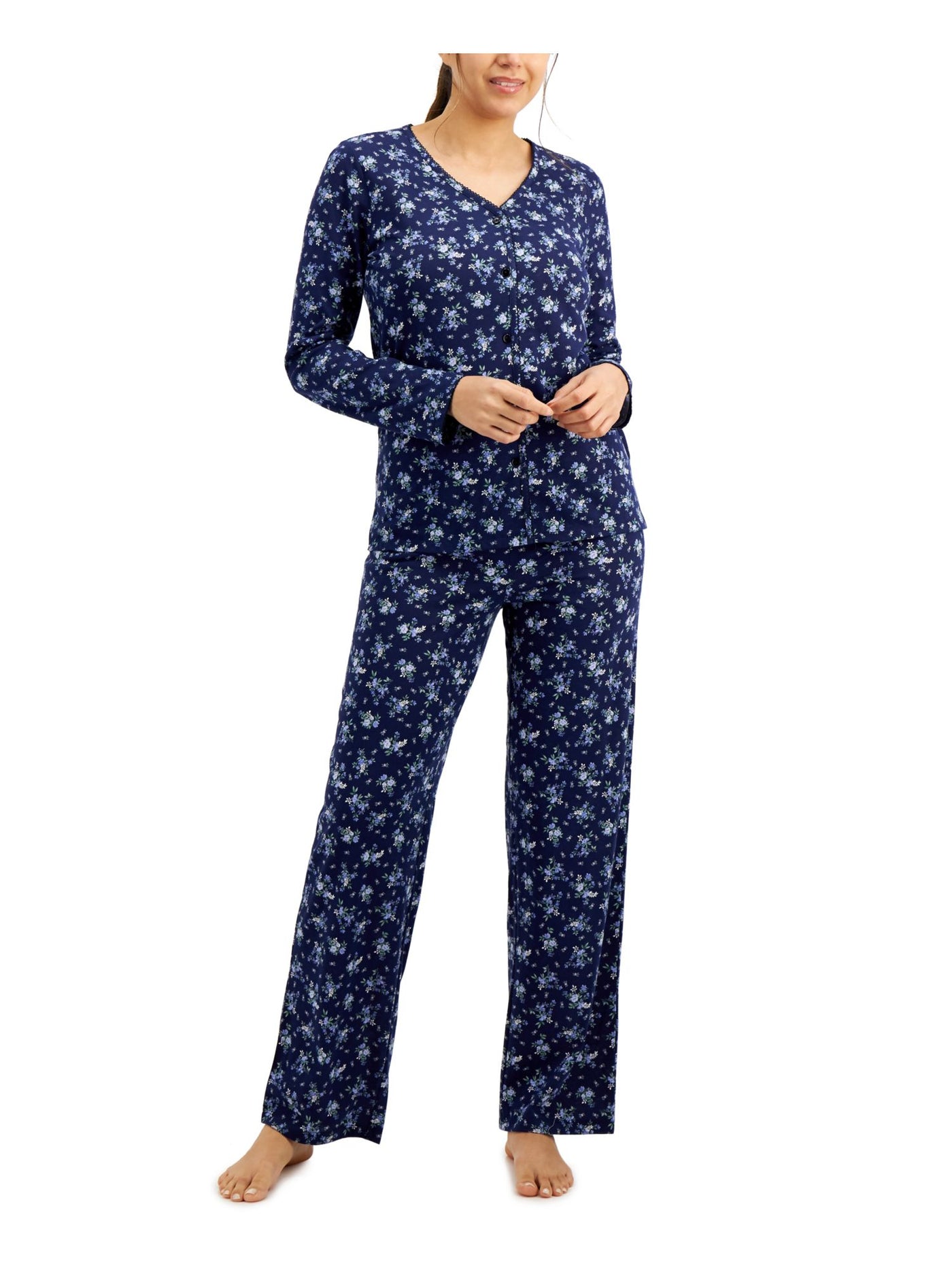 CHARTER CLUB INTIMATES Womens Navy Floral Elastic Band Long Sleeve Button Up Top Straight leg Pants Pajamas XL