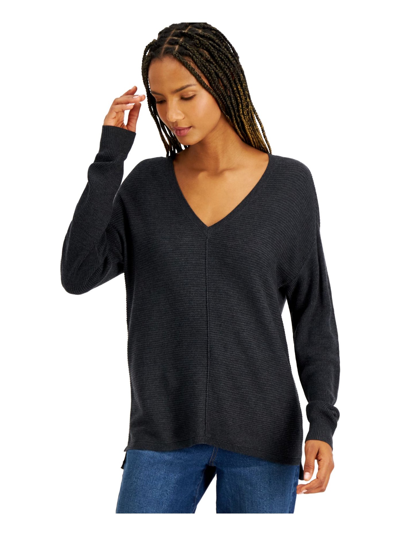 INC Womens Black Long Sleeve V Neck Sweater S