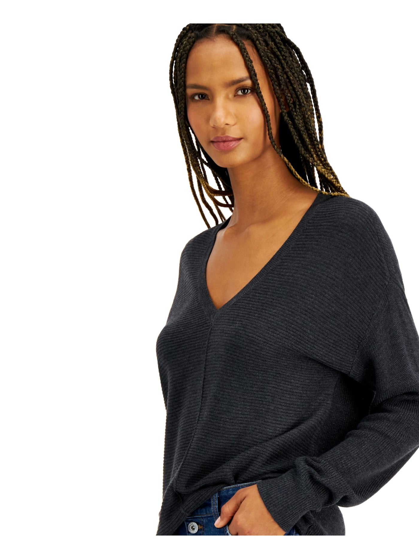 INC Womens Black Long Sleeve V Neck Sweater XS