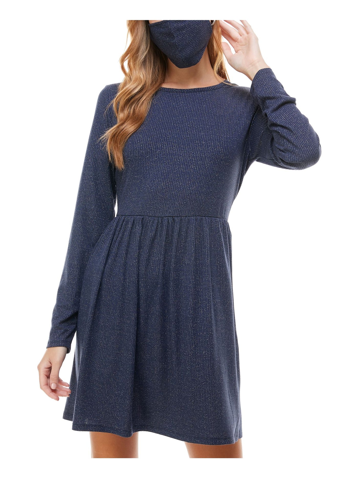 BEBOP Womens Navy Long Sleeve Crew Neck Short Fit + Flare Dress Juniors S