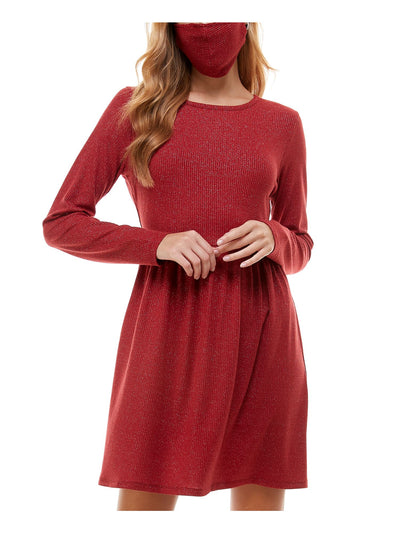 BEBOP Womens Burgundy Stretch Ribbed Pleated Pullover Long Sleeve Jewel Neck Short Party Baby Doll Dress Juniors L