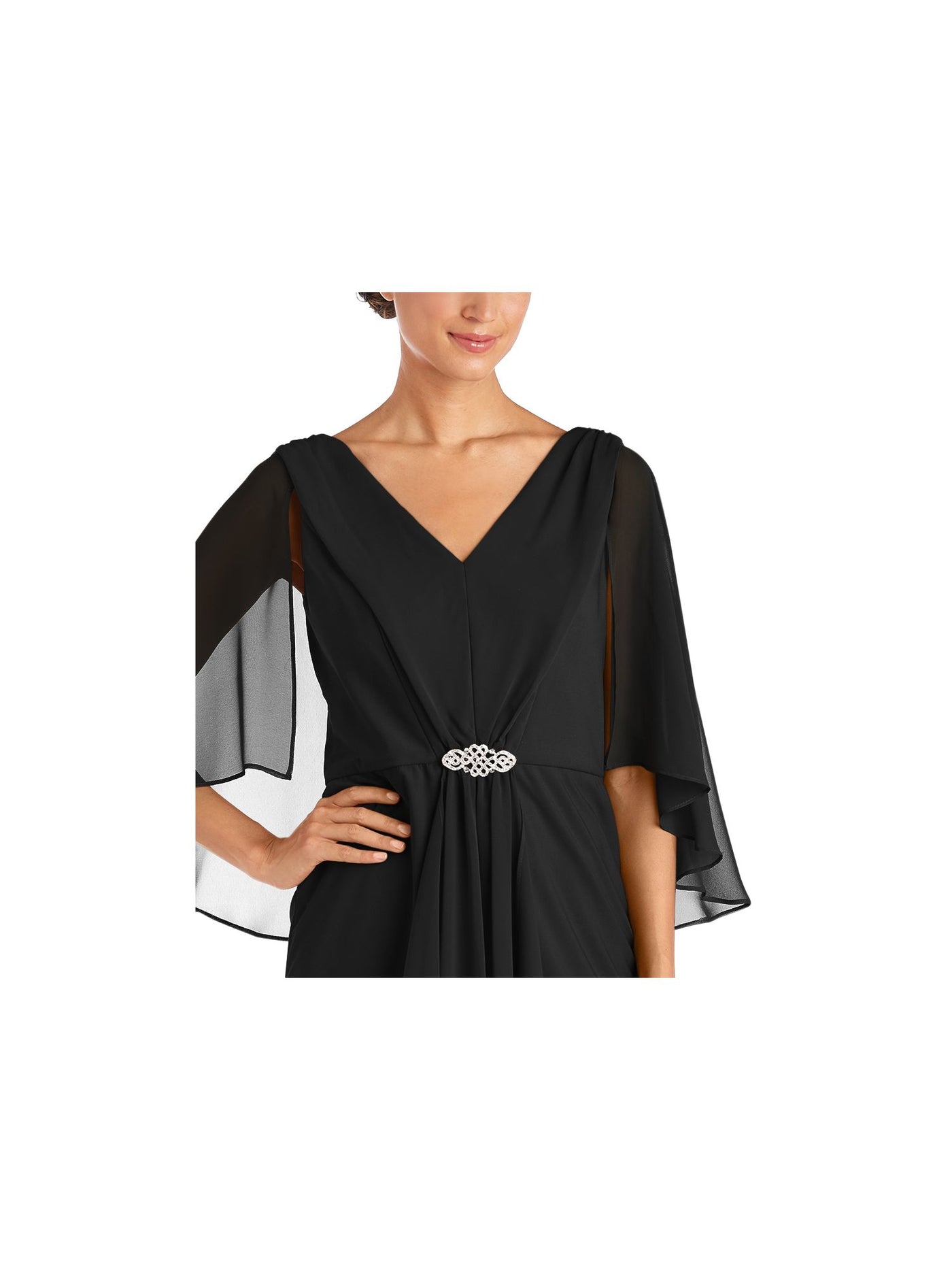 R&M RICHARDS Womens Black Embellished Zippered Draped At Front Bell Sleeve V Neck Knee Length Evening Fit + Flare Dress 8
