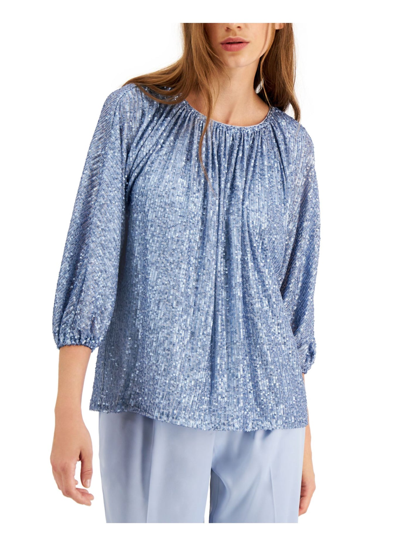 ALFANI Womens Light Blue Sequined Ruched 3/4 Sleeve Scoop Neck Peasant Top S