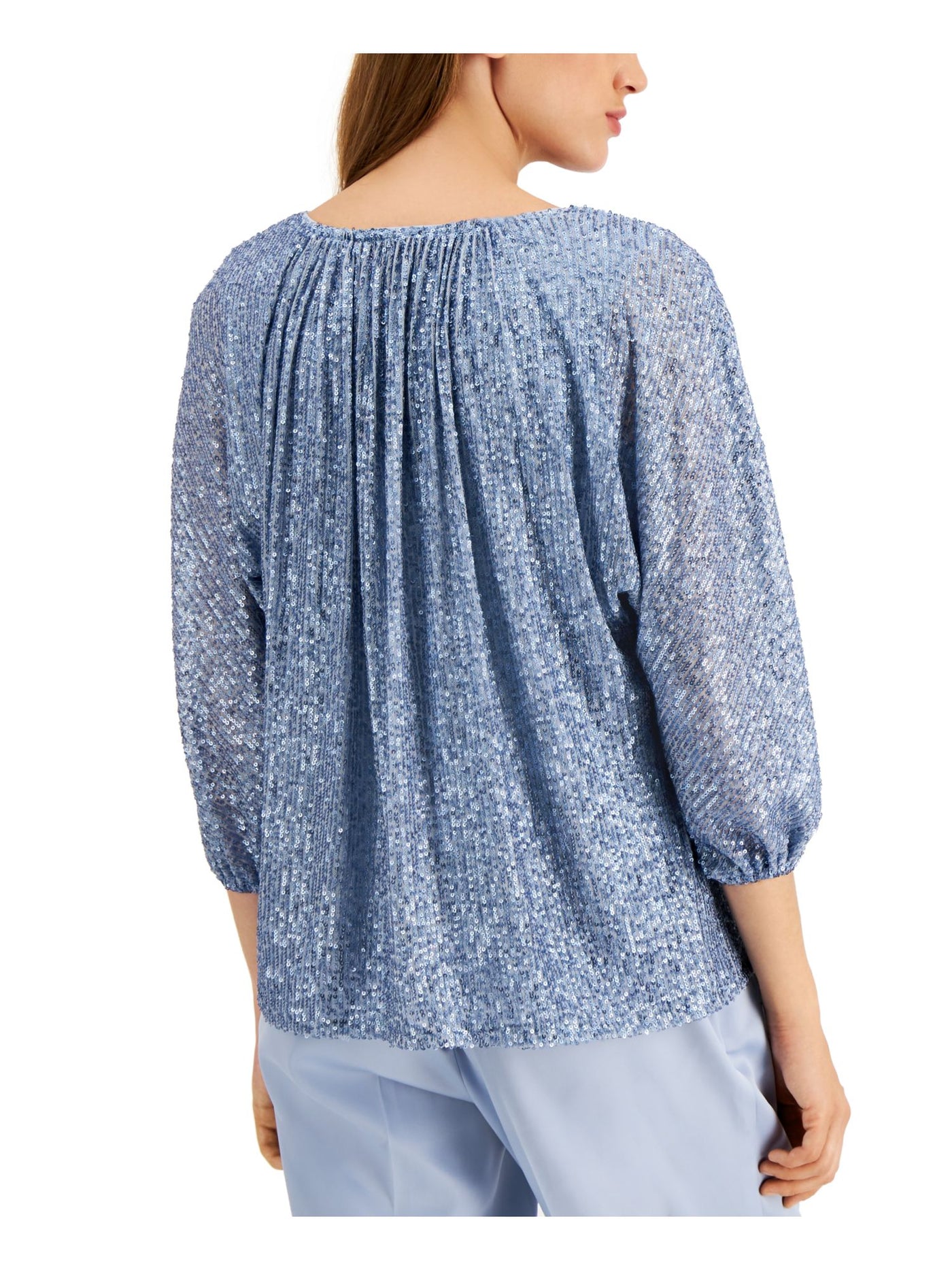 ALFANI Womens Light Blue Sequined Ruched 3/4 Sleeve Scoop Neck Peasant Top S