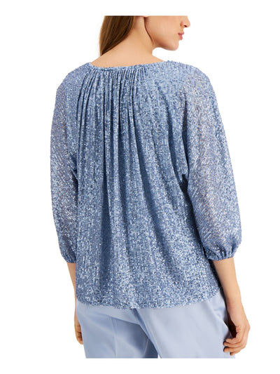 ALFANI Womens Blue Sequined Ruched 3/4 Sleeve Scoop Neck Peasant Top XS