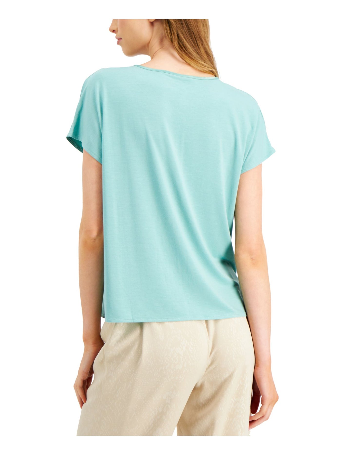 ALFANI Womens Green Glossy Draped Short Sleeve V Neck T-Shirt Size: XS