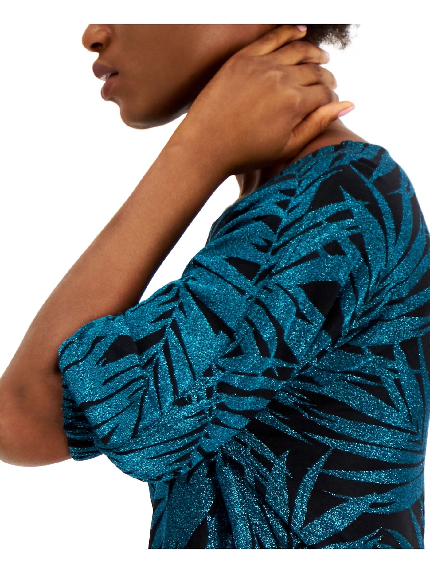 ALFANI Womens Teal Glitter Elbow Puff Sleeves Printed Short Sleeve Jewel Neck Top XL