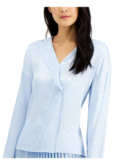 ALFANI Womens Light Blue Polka Dot Long Sleeve Surplice Neckline Wear To Work Blouse L