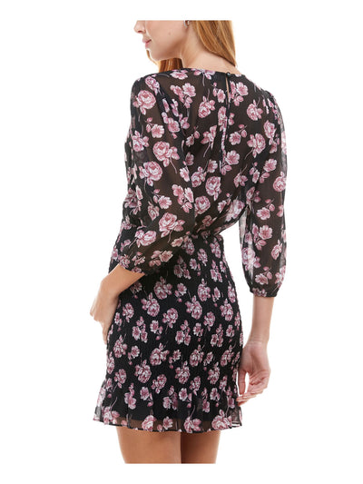 TRIXXI Womens Black Ruffled Sheer Smocked Floral 3/4 Sleeve Surplice Neckline Short Sheath Dress Juniors S