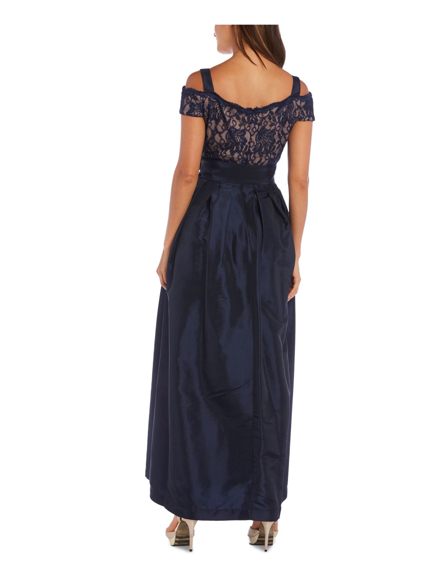 R&M RICHARDS Womens Cold Shoulder Lace Spaghetti Strap V Neck Full-Length Formal Blouson Dress