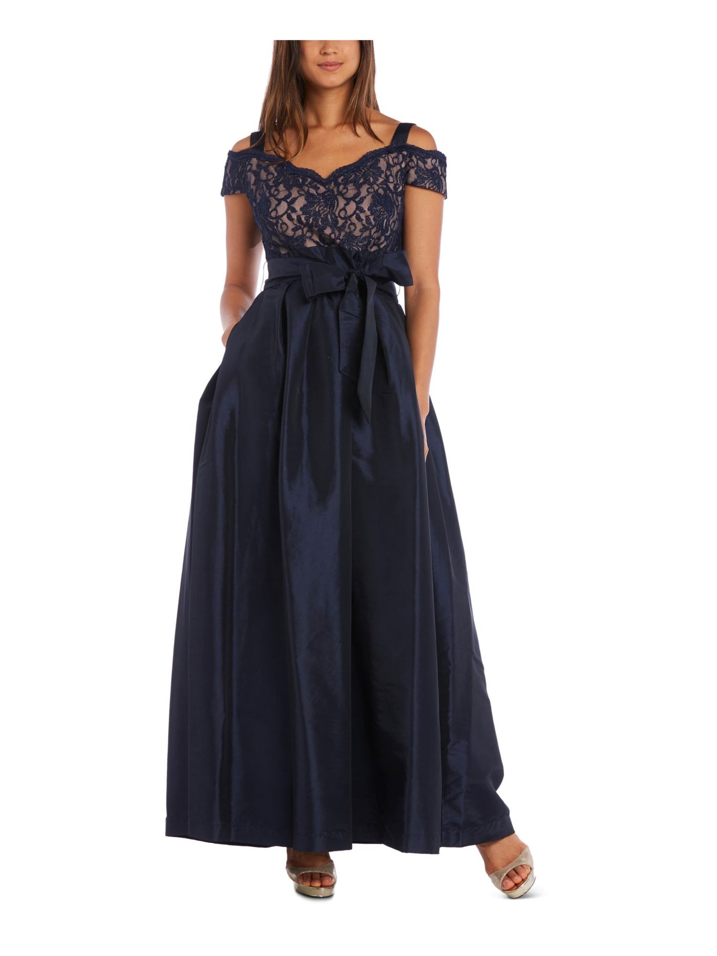 R&M RICHARDS Womens Navy Cold Shoulder Lace Floral Spaghetti Strap V Neck Full-Length Formal Blouson Dress 14