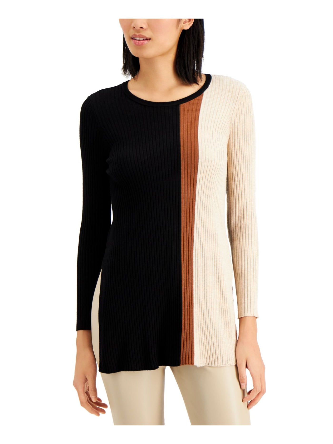 ALFANI Womens Black Color Block Long Sleeve Jewel Neck Tunic Sweater XS
