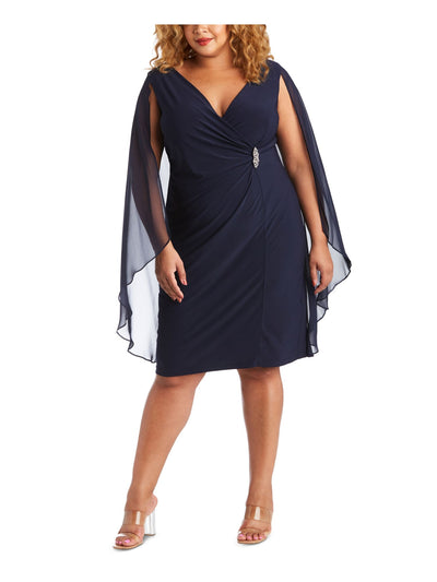 R&M RICHARDS Womens Navy Stretch Zippered Embellished Attached Cape Surplice Neckline Knee Length Evening Sheath Dress Plus 14W