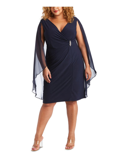 R&M RICHARDS WOMAN Womens Navy Stretch Zippered Embellished Sheer Attached Cape Surplice Neckline Knee Length Evening Sheath Dress 14