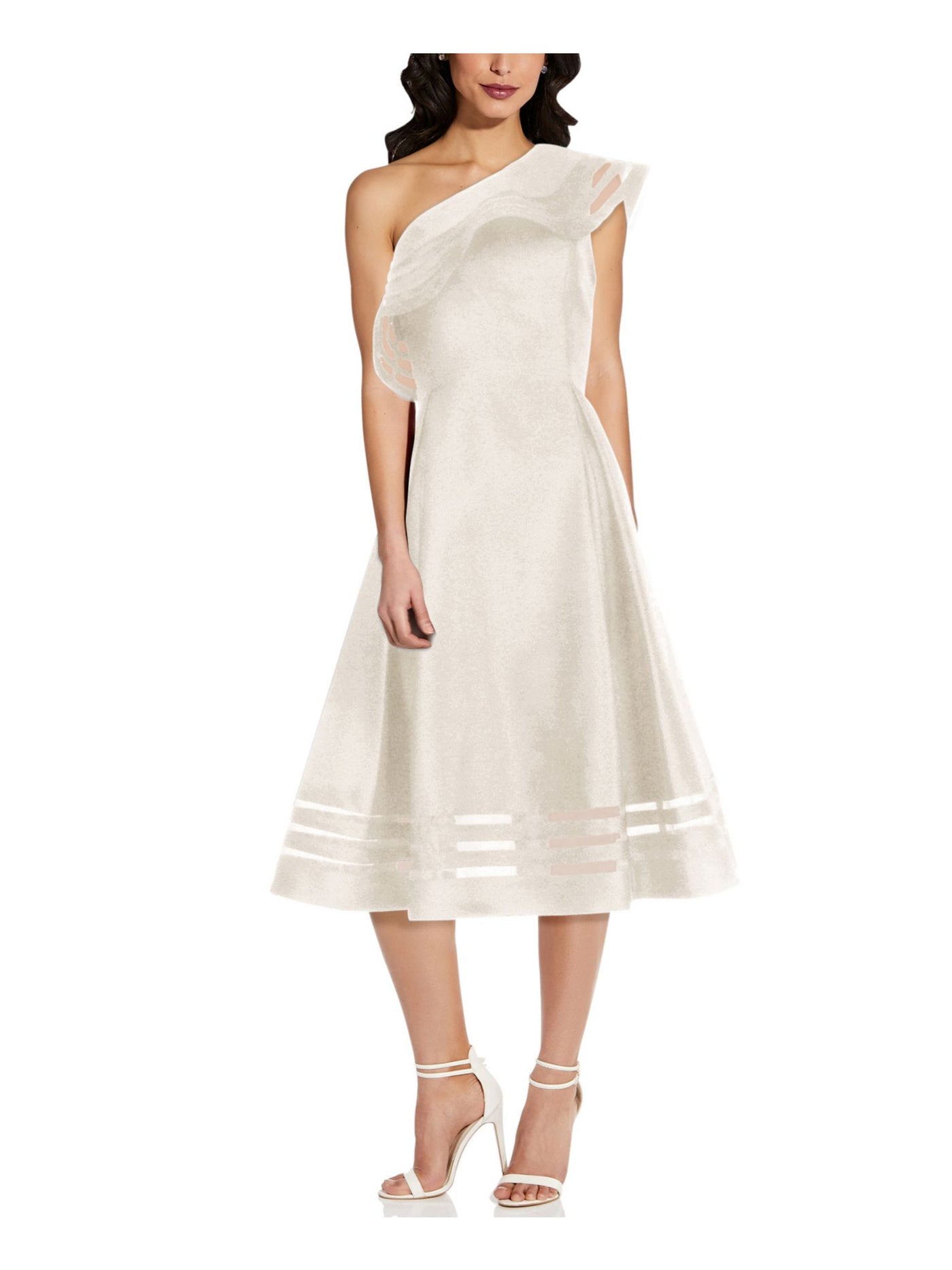 ADRIANNA PAPELL Womens Ivory Ruffled Sheer Striped Asymmetrical Neckline Midi Formal Fit + Flare Dress 2