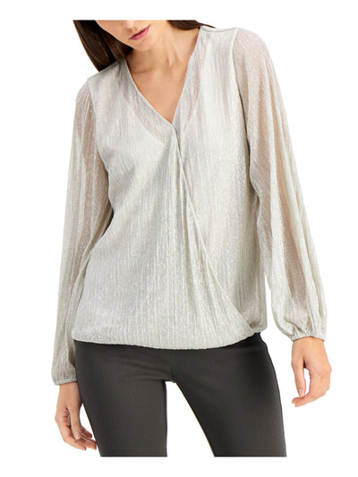 ALFANI Womens Silver Long Sleeve V Neck Top XS