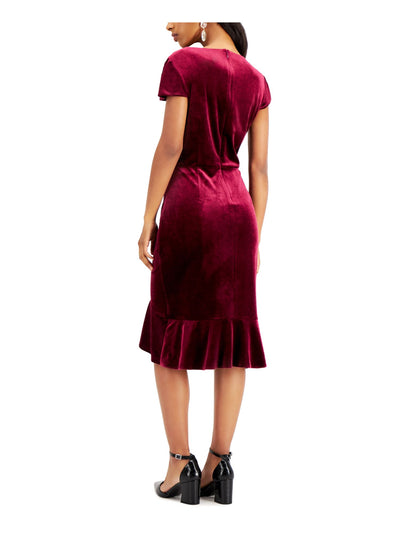 SAGE Womens Burgundy Zippered V Neck Below The Knee Evening Fit + Flare Dress Petites 0P